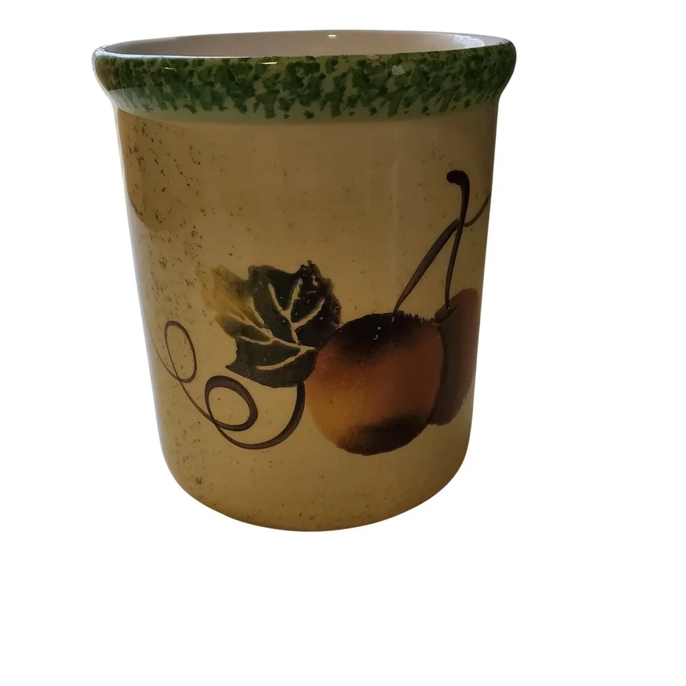 Ceramic Kitchen‎ Utensil Holder Crocks Decorative Fruit Design Green Rim